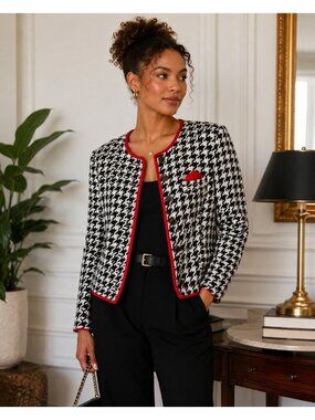 Vintage A.S. Elliott Houndstooth Jacket L Black White Red Trim Preppy Made USA